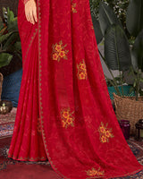 Vishal Prints Cherry Red Designer Chiffon Saree With Embroidery And Diamond Work