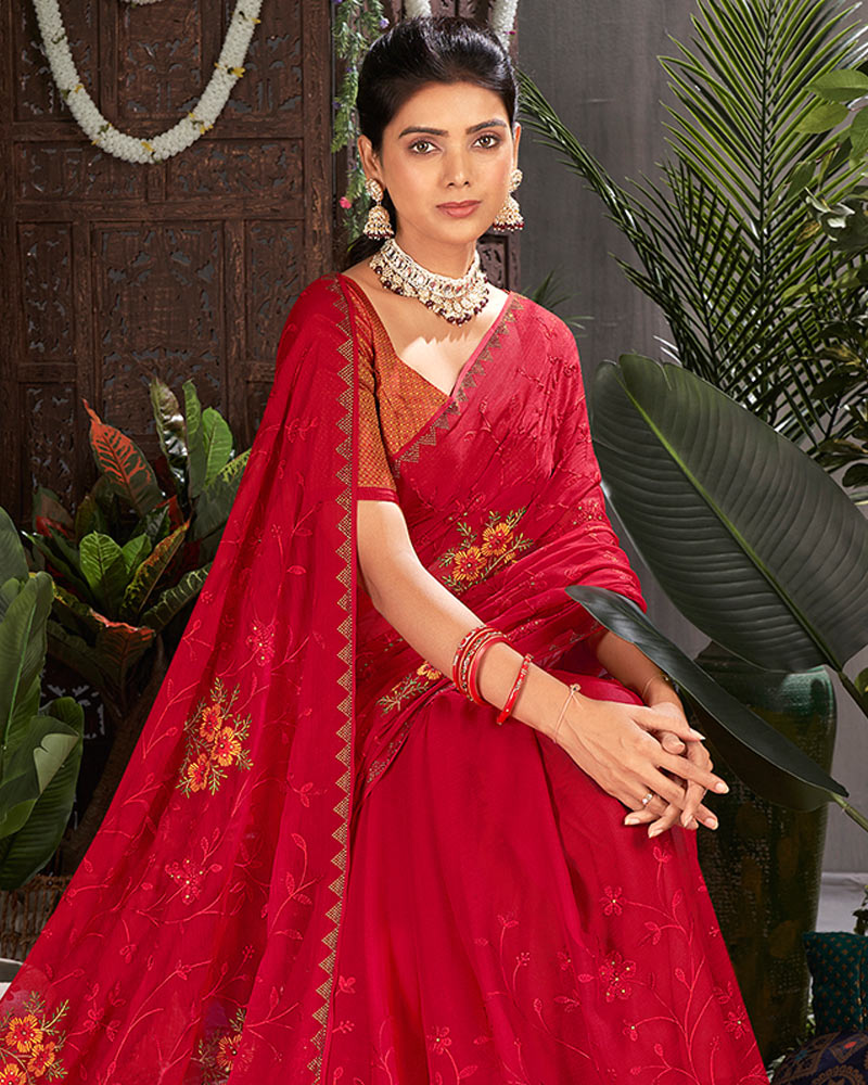 Vishal Prints Cherry Red Designer Chiffon Saree With Embroidery And Diamond Work