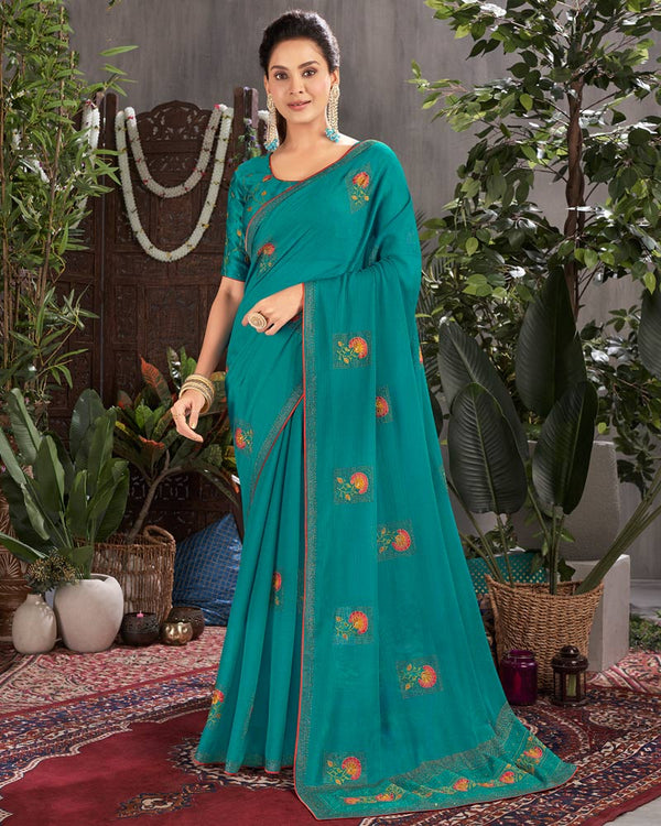 Vishal Prints Teal Blue Designer Chiffon Saree With Embroidery And Diamond Work