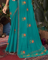 Vishal Prints Teal Blue Designer Chiffon Saree With Embroidery And Diamond Work