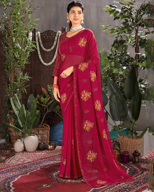 Vishal Prints Burgundy Designer Chiffon Saree With Embroidery And Diamond Work