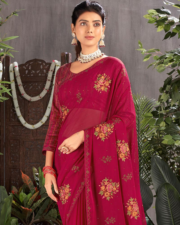 Vishal Prints Burgundy Designer Chiffon Saree With Embroidery And Diamond Work