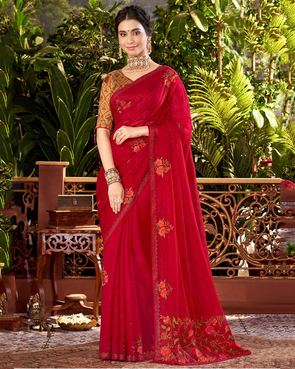 Vishal Prints Burgundy Designer Chiffon Saree With Embroidery Diamond Work And Core Piping