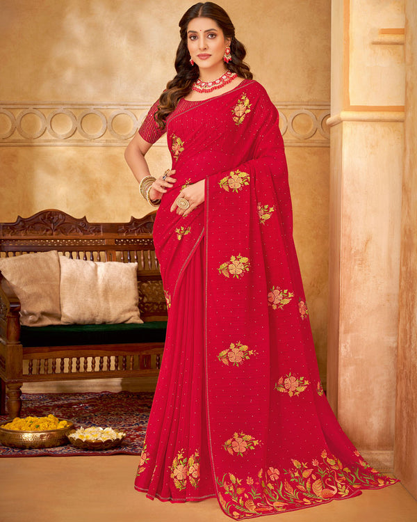 Vishal Prints Cherry Red Designer Chiffon Saree With Embroidery Diamond Work And Core Piping