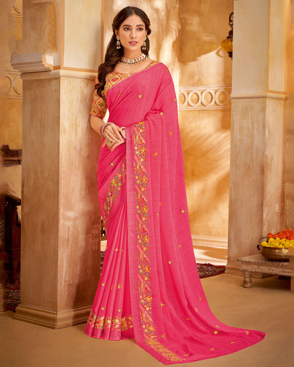 Vishal Prints Mandy Pink Designer Chiffon Saree With Embroidery Diamond Work And Core Piping