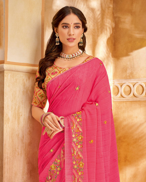 Vishal Prints Mandy Pink Designer Chiffon Saree With Embroidery Diamond Work And Core Piping