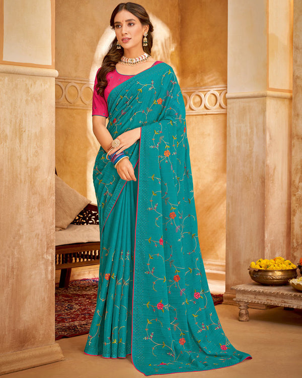 Vishal Prints Teal Blue Designer Chiffon Saree With Embroidery Diamond Work And Core Piping