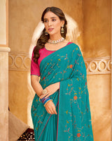 Vishal Prints Teal Blue Designer Chiffon Saree With Embroidery Diamond Work And Core Piping