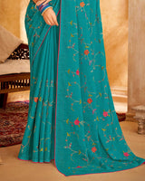 Vishal Prints Teal Blue Designer Chiffon Saree With Embroidery Diamond Work And Core Piping