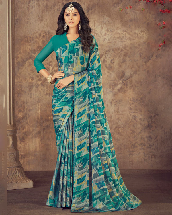 Vishal Prints Teal Blue Printed Fancy Chiffon Saree With Core Piping