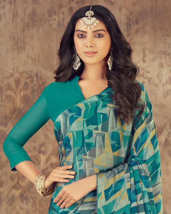 Vishal Prints Teal Blue Printed Fancy Chiffon Saree With Core Piping