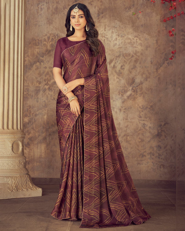 Vishal Prints Wine Printed Fancy Chiffon Saree With Core Piping