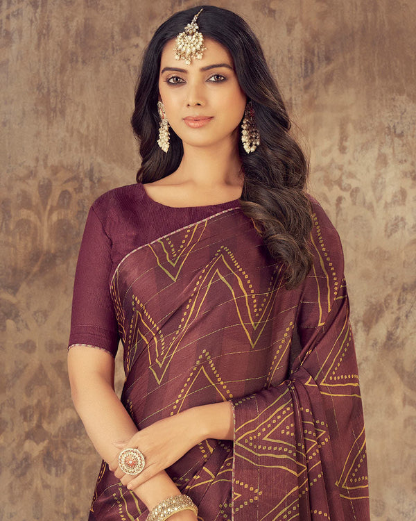 Vishal Prints Wine Printed Fancy Chiffon Saree With Core Piping