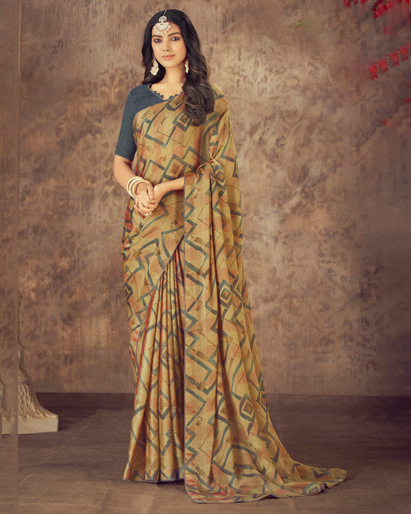 Vishal Prints Sand Brown Printed Fancy Chiffon Saree With Core Piping