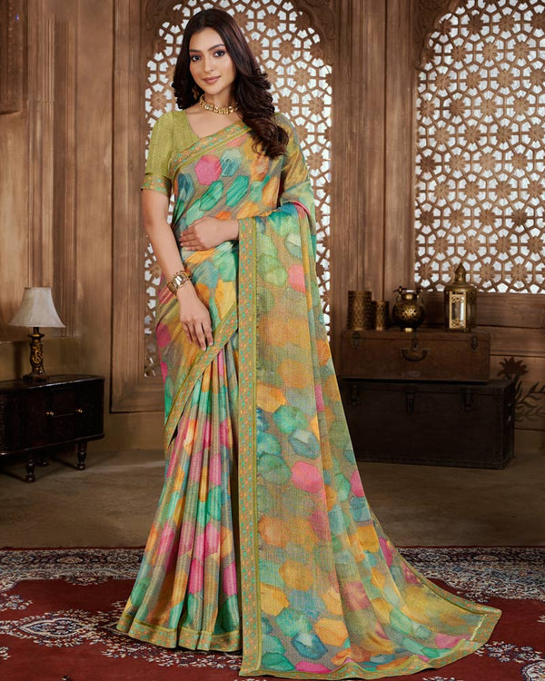 Vishal Prints Light Mehandi Green Digital Print Chiffon Brasso Saree With Fancy Border