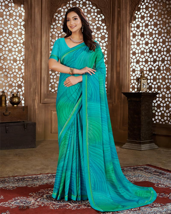 Vishal Prints Teal Blue Digital Print Chiffon Brasso Saree With Fancy Border