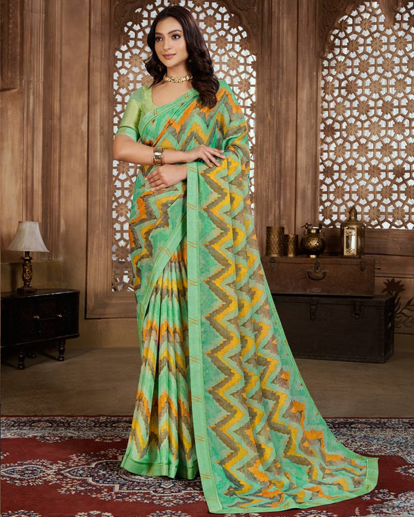 Vishal Prints Light Teal Green Digital Print Chiffon Brasso Saree With Fancy Border