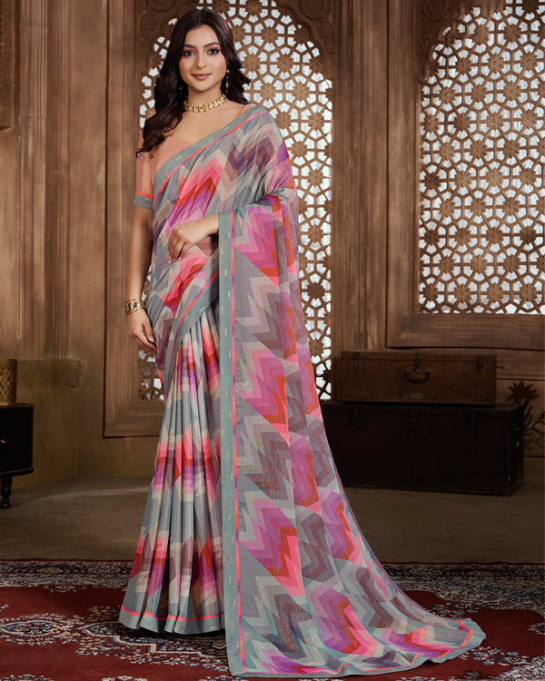 Vishal Prints Warm Grey Digital Print Chiffon Brasso Saree With Fancy Border