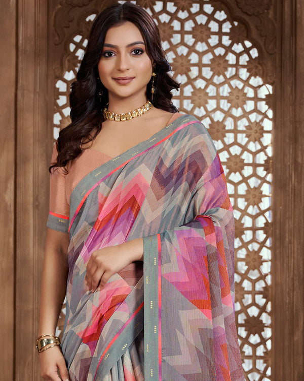 Vishal Prints Warm Grey Digital Print Chiffon Brasso Saree With Fancy Border