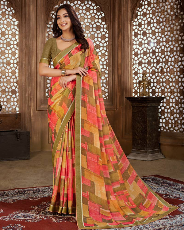 Vishal Prints Khaki Green Digital Print Chiffon Brasso Saree With Fancy Border