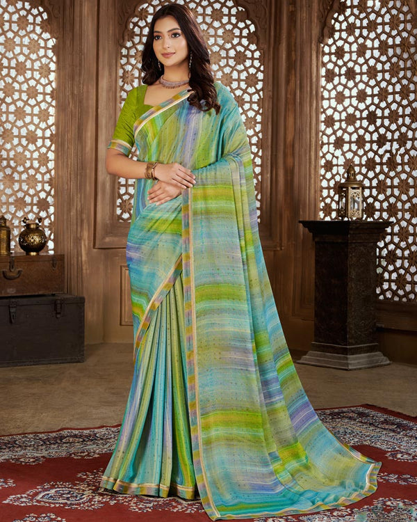 Vishal Prints Olive Green Digital Print Chiffon Brasso Saree With Fancy Border