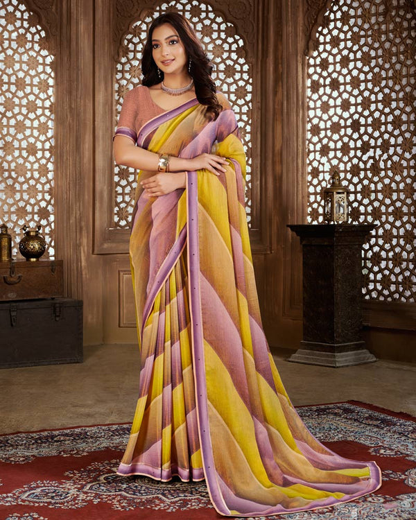 Vishal Prints Oriental Pink Digital Print Chiffon Brasso Saree With Fancy Border