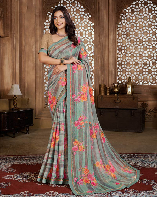 Vishal Prints Pastel Teal Green Digital Print Chiffon Brasso Saree With Fancy Border