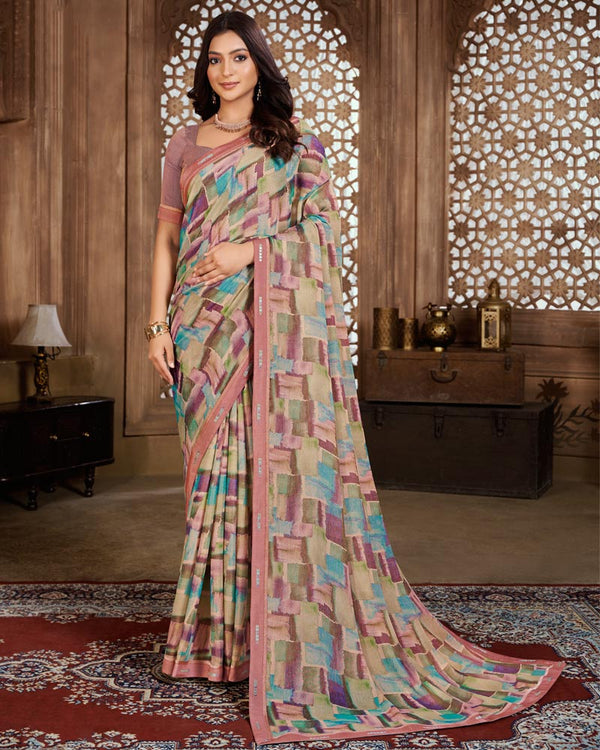 Vishal Prints Multi Color Digital Print Chiffon Brasso Saree With Fancy Border