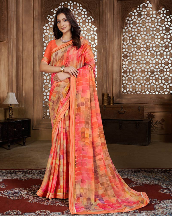 Vishal Prints Coral Pink Digital Print Chiffon Brasso Saree With Fancy Border