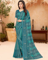 Vishal Prints Dark Teal Blue Designer Patterned Chiffon Saree With Patch Work And Fancy Border