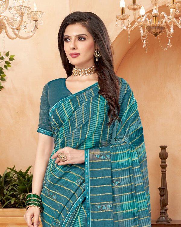 Vishal Prints Dark Teal Blue Designer Patterned Chiffon Saree With Patch Work And Fancy Border