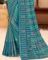 Vishal Prints Dark Teal Blue Designer Patterned Chiffon Saree With Patch Work And Fancy Border