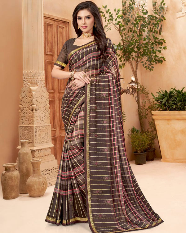 Vishal Prints Kabul Brown Designer Patterned Chiffon Saree With Patch Work And Fancy Border