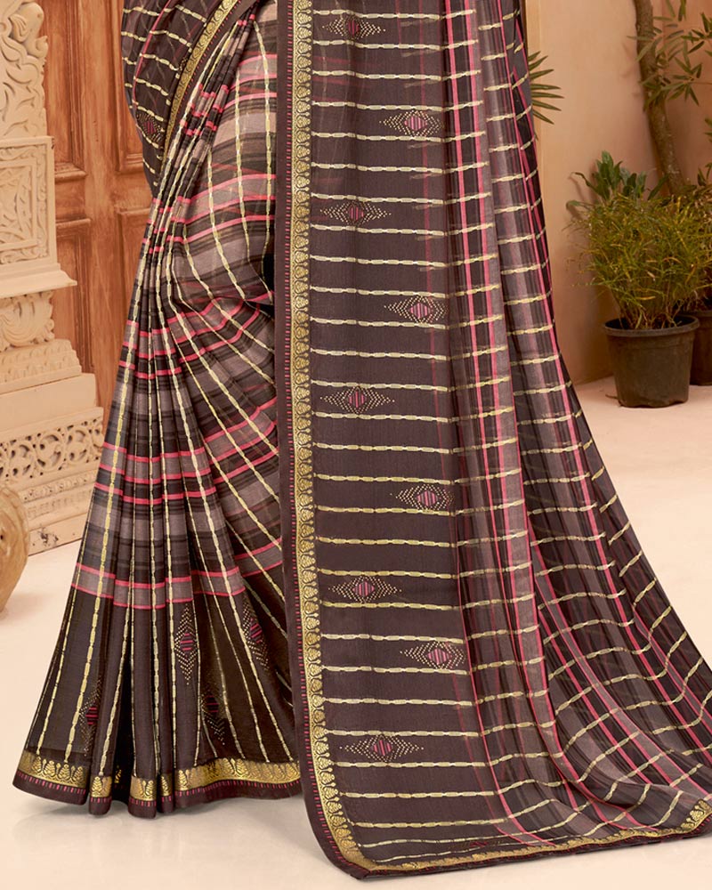 Vishal Prints Kabul Brown Designer Patterned Chiffon Saree With Patch Work And Fancy Border