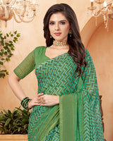 Vishal Prints Moss Green Designer Patterned Chiffon Saree With Patch Work And Fancy Border