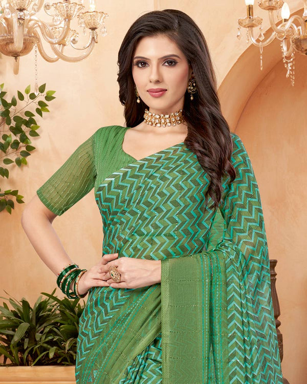 Vishal Prints Moss Green Designer Patterned Chiffon Saree With Patch Work And Fancy Border