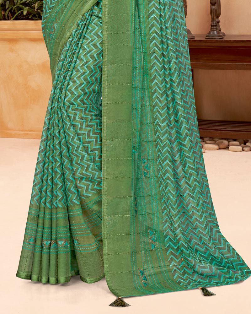 Vishal Prints Moss Green Designer Patterned Chiffon Saree With Patch Work And Fancy Border