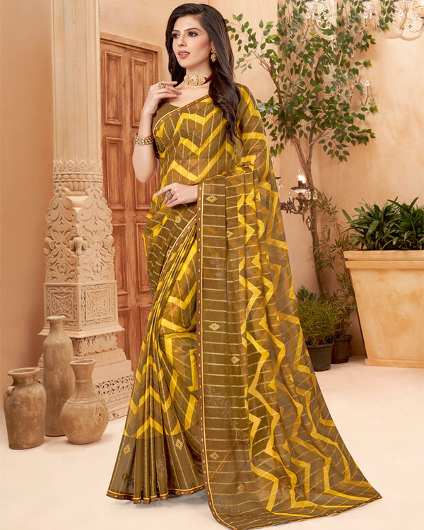 Vishal Prints Coffee Brown Designer Patterned Chiffon Saree With Patch Work And Fancy Border