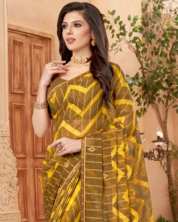 Vishal Prints Coffee Brown Designer Patterned Chiffon Saree With Patch Work And Fancy Border