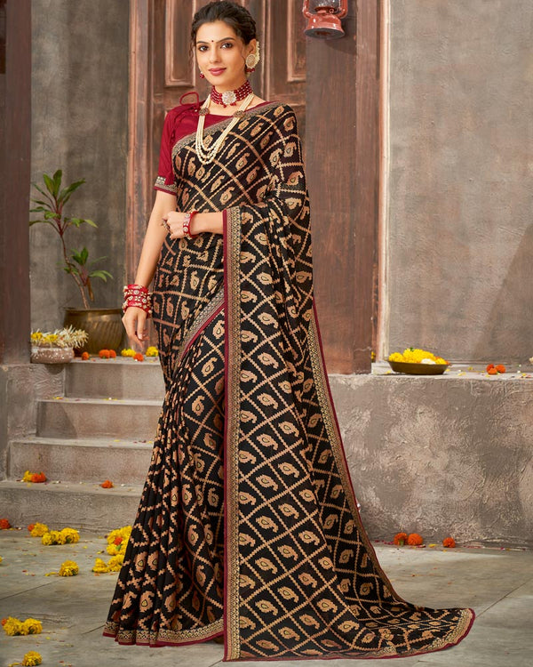 Vishal Prints Black Brasso Saree With Foil Print And Zari Border