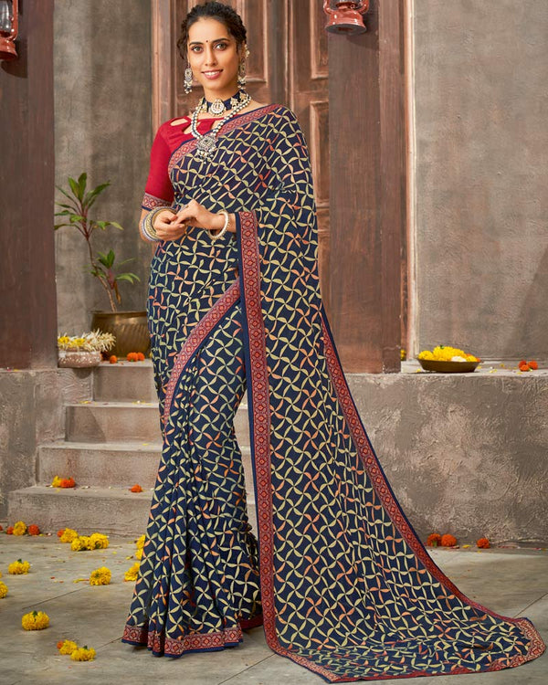 Vishal Prints Blue Brasso Saree With Foil Print And Zari Border