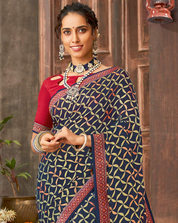 Vishal Prints Blue Brasso Saree With Foil Print And Zari Border