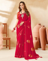 Vishal Prints Cherry Red Designer Chiffon Saree With Foil Print And Diamond Work