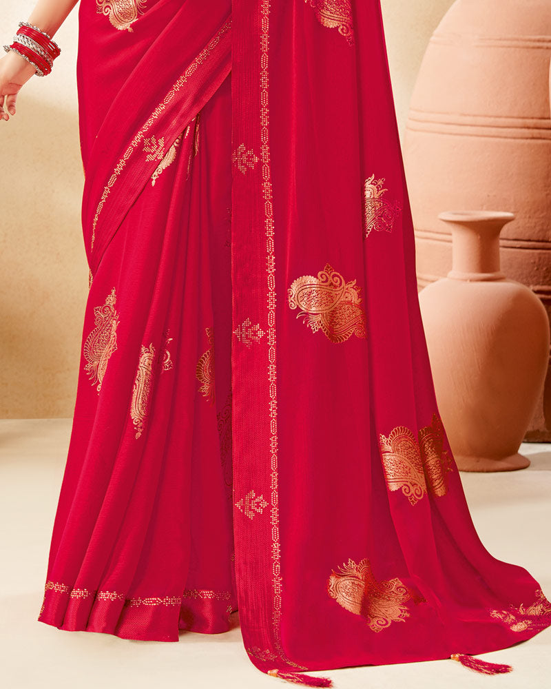 Vishal Prints Cherry Red Designer Chiffon Saree With Foil Print And Diamond Work