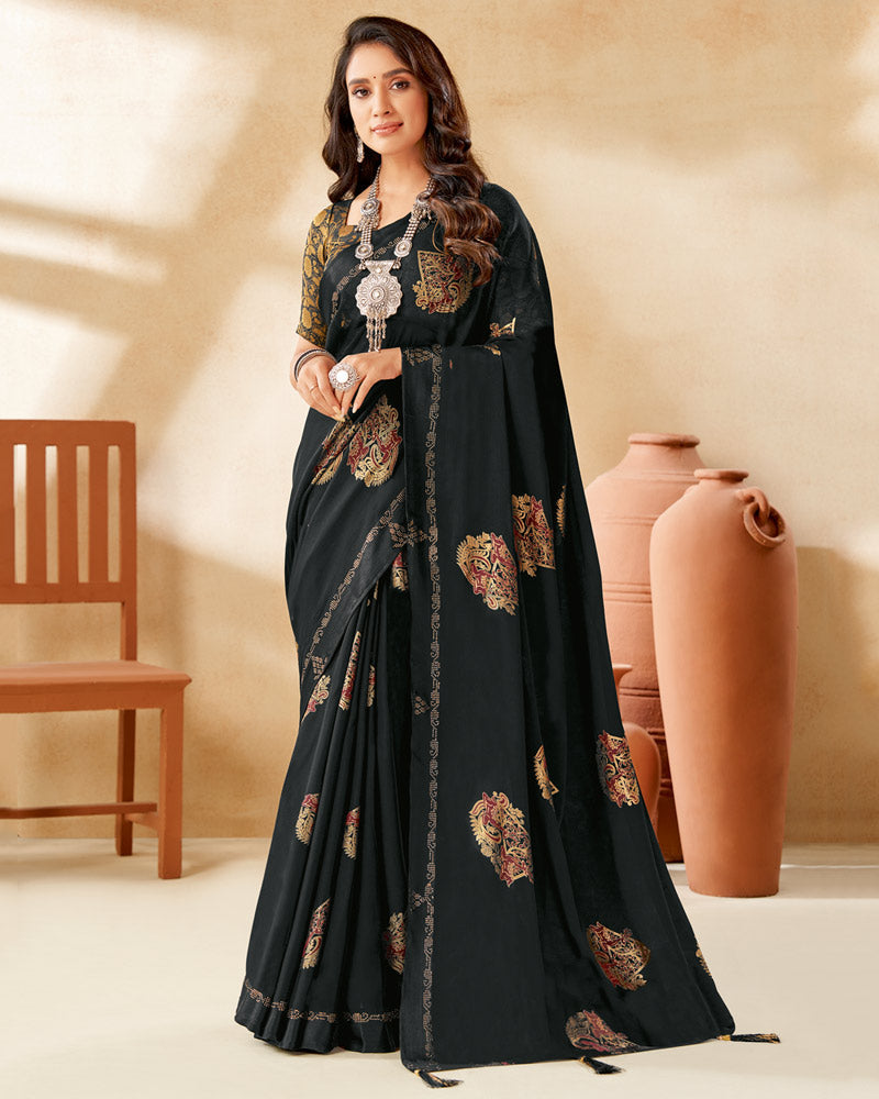 Vishal Prints Black Designer Chiffon Saree With Foil Print And Diamond Work