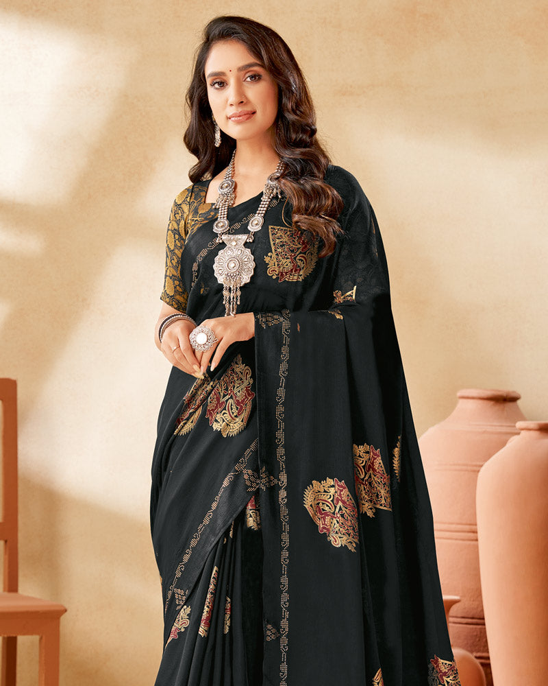 Vishal Prints Black Designer Chiffon Saree With Foil Print And Diamond Work