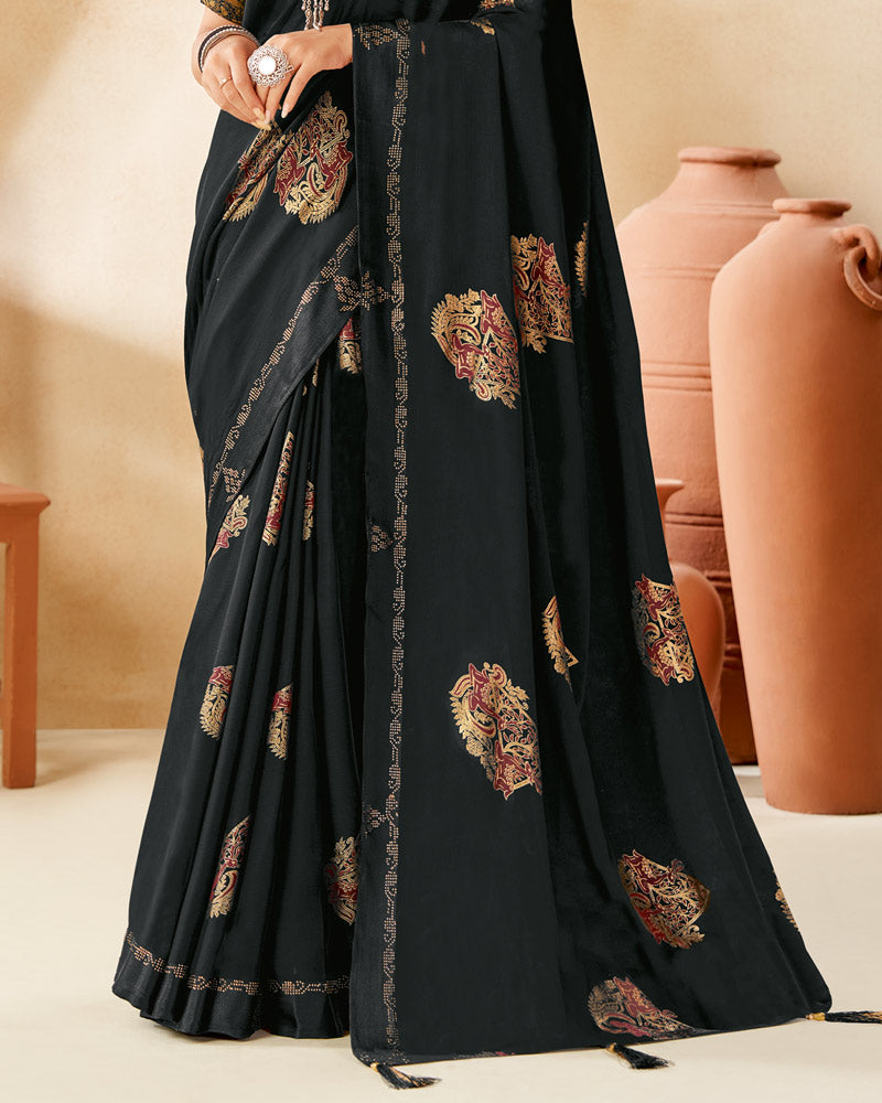 Vishal Prints Black Designer Chiffon Saree With Foil Print And Diamond Work