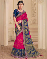 Vishal Prints Dark Fuchsia And Blue Brasso Saree With Foil Print And Embroidery Border