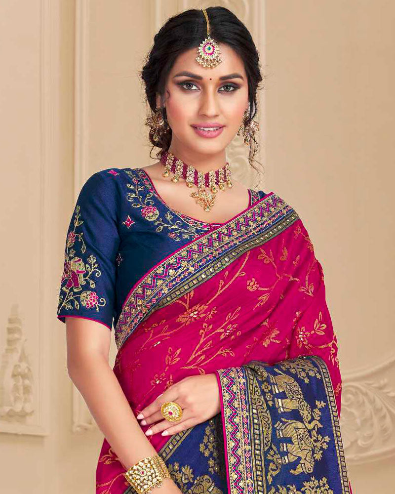 Vishal Prints Dark Fuchsia And Blue Brasso Saree With Foil Print And Embroidery Border