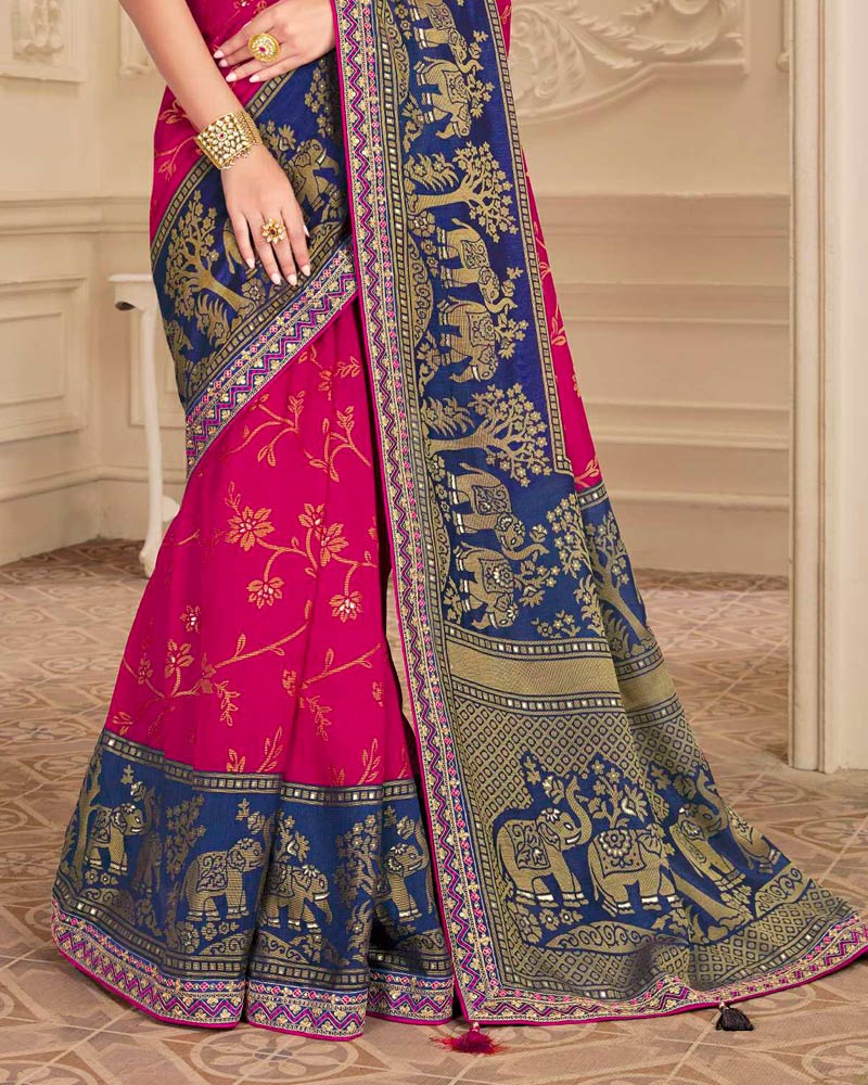 Vishal Prints Dark Fuchsia And Blue Brasso Saree With Foil Print And Embroidery Border